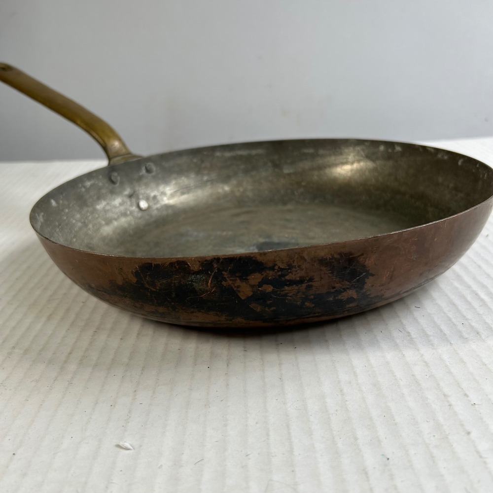 VTG Hammered Copper Skillet Tin Lined Brass Handle 11 Inch Frying Pan - Picture 3 of 9